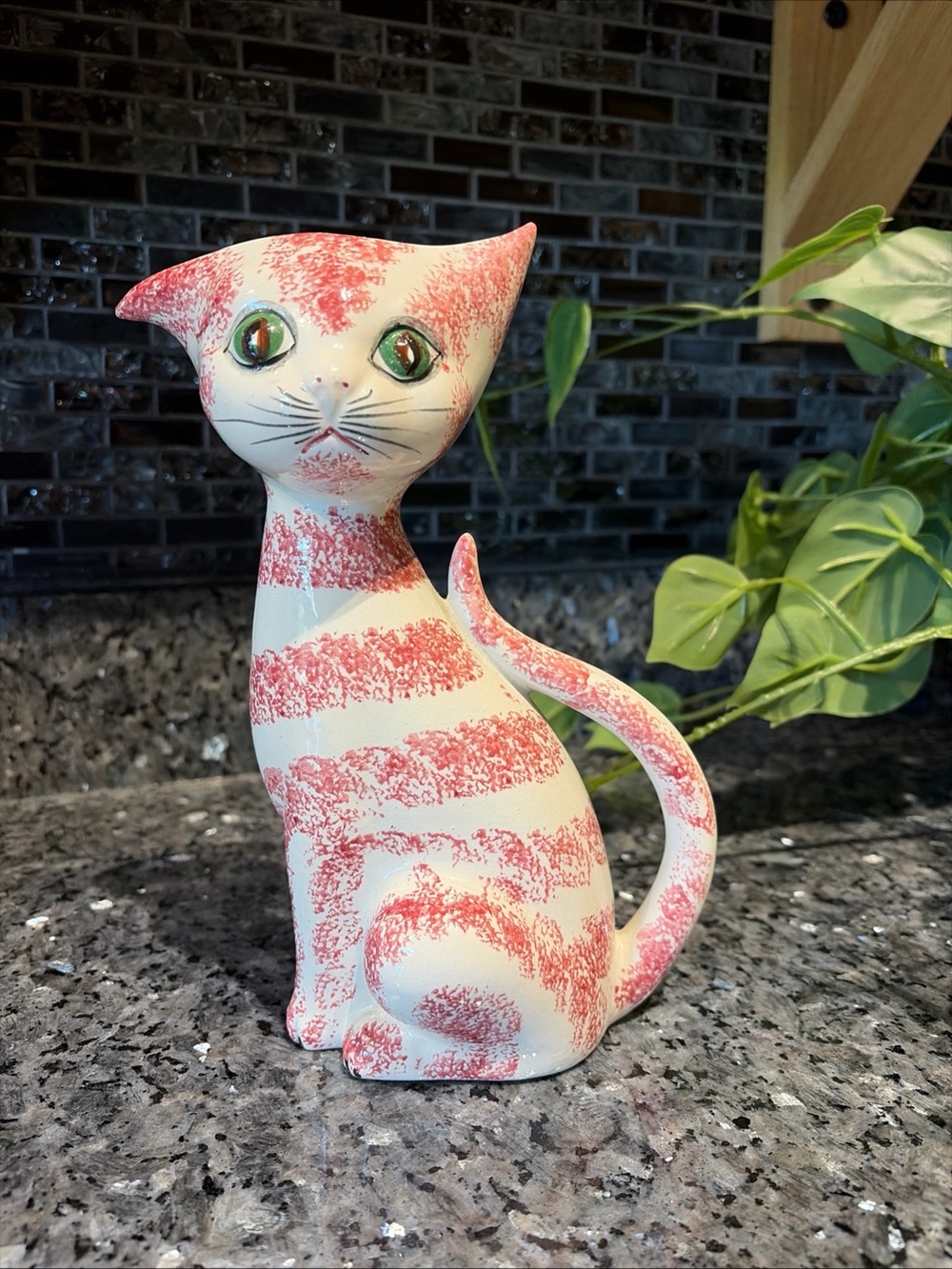 MCM Italian Handpainted Floral Cat Kitten Pitcher Vase W/ Tail Handle Red White